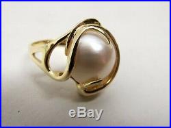 Vtg 14K Gold Mabe Pearl Ring Sz 6.5 Ornate Wire Setting Scroll Large Blister