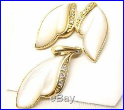 Vtg 14K Gold Mother of Pearl Shell Diamond Pendant & Earring Set Carved Leaf