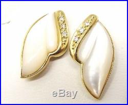 Vtg 14K Gold Mother of Pearl Shell Diamond Pendant & Earring Set Carved Leaf