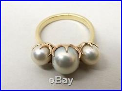 Vtg 14K Yellow Gold Ring Sz 4.25 Cultured Pearl 7.7mm Estate 3 Pearl Prong Set