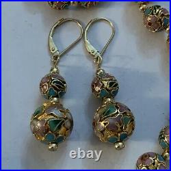 Vtg 14k Gold Multi Color Enamel Cloisonne Bead Ball Necklace Earrings Set Heavy