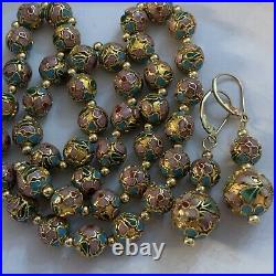 Vtg 14k Gold Multi Color Enamel Cloisonne Bead Ball Necklace Earrings Set Heavy