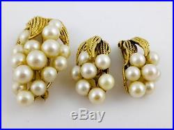 Vtg 14k Yellow Gold White Pearl Clip Earring Broach Pin Set