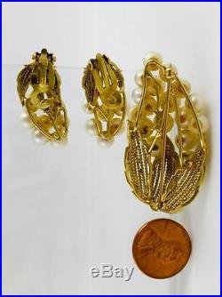 Vtg 14k Yellow Gold White Pearl Clip Earring Broach Pin Set