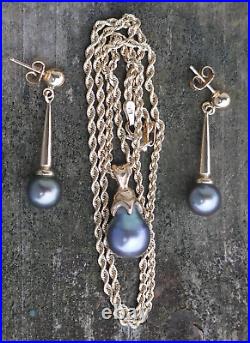 Vtg. 14kt Yellow Gold & Tahitian Pearl Necklace & Earring Set 18 Long / 13.2g