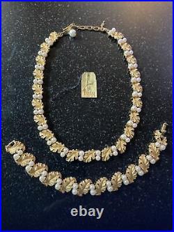 Vtg 50s crown trifari necklace bracelet set faux pearl gold plate leaf Lagoon