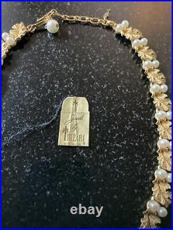 Vtg 50s crown trifari necklace bracelet set faux pearl gold plate leaf Lagoon