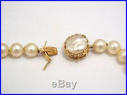 Vtg 7mm Akoya Pearl Opera Length Necklace 14K Biwa Pearl Clasp & Pearl Earrings