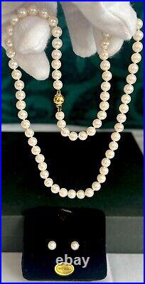 Vtg. Akoya Pearls with 18K Gold Clasp, 5.9-6.1mm, Knotted Necklace &750 Earrings