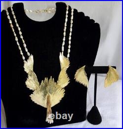 Vtg BB Sterling Silver Vermeil Hand Made Wing Earrings Keshi Pearl Necklace Set