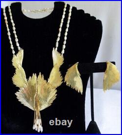 Vtg BB Sterling Silver Vermeil Hand Made Wing Earrings Keshi Pearl Necklace Set