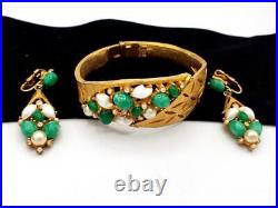 Vtg BSK Baby Tooth Sorrento Pearl Faux Jade & Rhinestone Bracelet & Earring Set