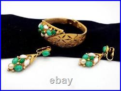 Vtg BSK Baby Tooth Sorrento Pearl Faux Jade & Rhinestone Bracelet & Earring Set