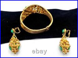 Vtg BSK Baby Tooth Sorrento Pearl Faux Jade & Rhinestone Bracelet & Earring Set