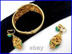 Vtg BSK Baby Tooth Sorrento Pearl Faux Jade & Rhinestone Bracelet & Earring Set