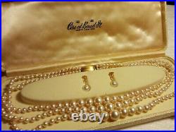Vtg CIRO Of Bond St 9ct 3 Tier PEARL NECKLACE & GOLD EARRING SET C1960'S