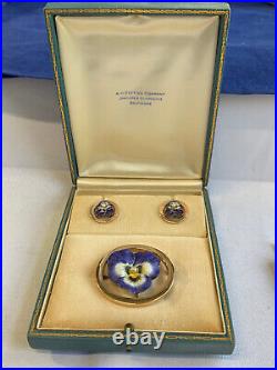 Vtg Estate 14K Yellow Gold Pansy Brooch Earring Set 19.5g Enamel Seed Pearl