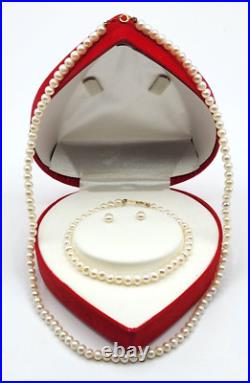 Vtg GII 14K Yellow Gold & 5.35mm Freshwater Pearl Set Necklace Earrings Bracelet