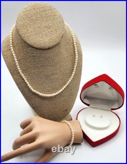 Vtg GII 14K Yellow Gold & 5.35mm Freshwater Pearl Set Necklace Earrings Bracelet