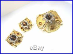 Vtg Jomaz Y/gold Tone Flower Brooch Earrings Set Tigers Eye Rhinest Faux Pearls