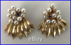 Vtg Mid Century Modern 14K Gold Sapphire Pearls Demi Parure Brooch Pin Earrings