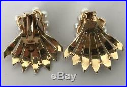 Vtg Mid Century Modern 14K Gold Sapphire Pearls Demi Parure Brooch Pin Earrings