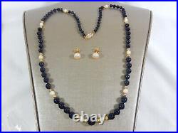 Vtg Onyx, 14k Yg & Cultured Pearl Graduated 23 Necklace 14k Pearl Stud Earrings