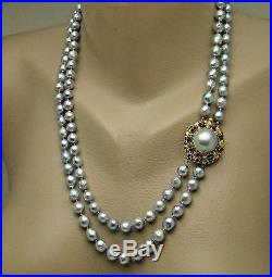 Vtg Silver Baroque Pearl Necklace 14k Gold Mabe Sapphire Clasp & Earrings Set