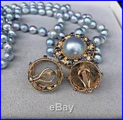 Vtg Silver Baroque Pearl Necklace 14k Gold Mabe Sapphire Clasp & Earrings Set