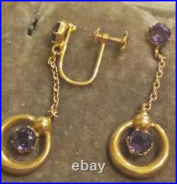 Vtg Solid 9ct Gold Amethyst Drop screwback earrings boxed claw set