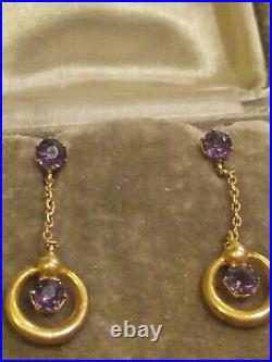 Vtg Solid 9ct Gold Amethyst Drop screwback earrings boxed claw set