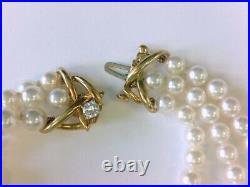 Vtg Tiffany & Co 18k Yellow Gold Diamond 3 Strand Pearl Necklace & Bracelet Set