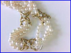 Vtg Tiffany & Co 18k Yellow Gold Diamond 3 Strand Pearl Necklace & Bracelet Set
