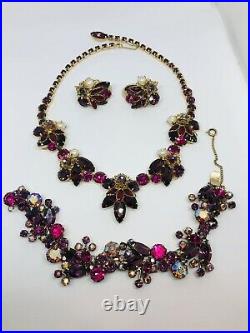Vtg WEISS Pink Purple Rhinestones Enamel Pearl Earrings Bracelet Necklace Set