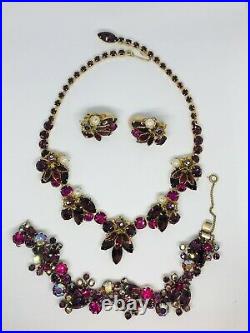 Vtg WEISS Pink Purple Rhinestones Enamel Pearl Earrings Bracelet Necklace Set
