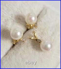 Vtg signed 14K Yellow Gold Freshwater 6mm Pearl Diamond Earring Pendant Set 1.5g