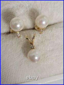 Vtg signed 14K Yellow Gold Freshwater 6mm Pearl Diamond Earring Pendant Set 1.5g