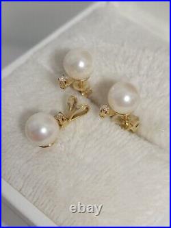 Vtg signed 14K Yellow Gold Freshwater 6mm Pearl Diamond Earring Pendant Set 1.5g