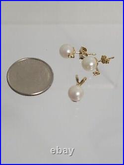 Vtg signed 14K Yellow Gold Freshwater 6mm Pearl Diamond Earring Pendant Set 1.5g