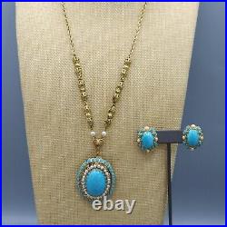 WEST GERMANY Turquoise Mottled Art Glass Faux Pearl Necklace Earrings BOOK PIECE