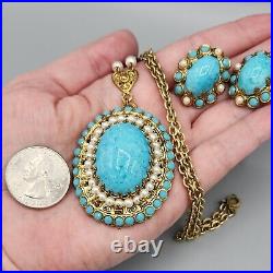 WEST GERMANY Turquoise Mottled Art Glass Faux Pearl Necklace Earrings BOOK PIECE