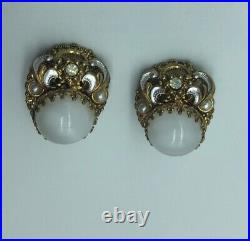 WEST GERMANY clip on EARRINGS AND BROOCH SET gold tone rhinestones faux pearl