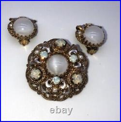 WEST GERMANY clip on EARRINGS AND BROOCH SET gold tone rhinestones faux pearl