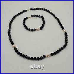 WW Black ONYX Culture PEARL 14k Gold 6 mm Bead 19 Strand Necklace Bracelet Set