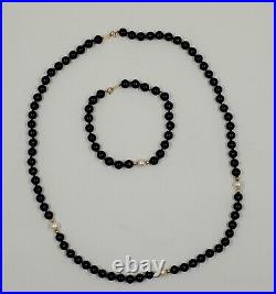 WW Black ONYX Culture PEARL 14k Gold 6 mm Bead 19 Strand Necklace Bracelet Set