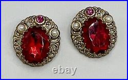 West Germany Red Pressed Glass Leaf Rhinestone Faux Pearl Necklace Earrings Set