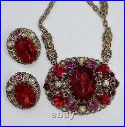 West Germany Red Pressed Glass Leaf Rhinestone Faux Pearl Necklace Earrings Set