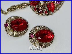 West Germany Red Pressed Glass Leaf Rhinestone Faux Pearl Necklace Earrings Set