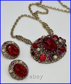 West Germany Red Pressed Glass Leaf Rhinestone Faux Pearl Necklace Earrings Set
