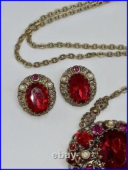 West Germany Red Pressed Glass Leaf Rhinestone Faux Pearl Necklace Earrings Set